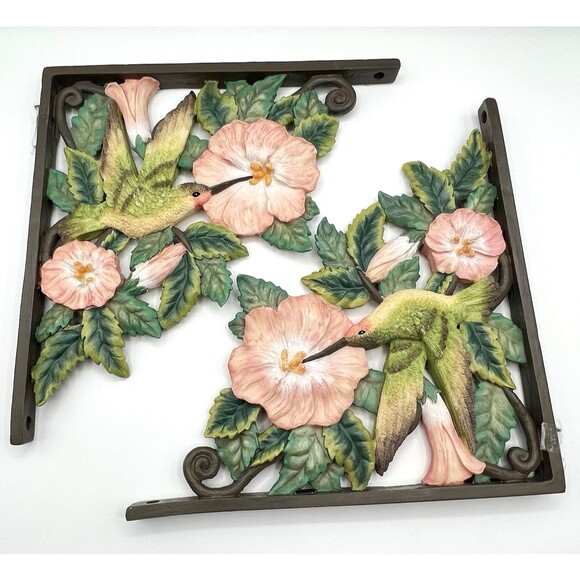 Decorative Hummingbird Wall Corner Brackets Resin Hibiscus Corbels 12" Deep Tall - Picture 2 of 8
